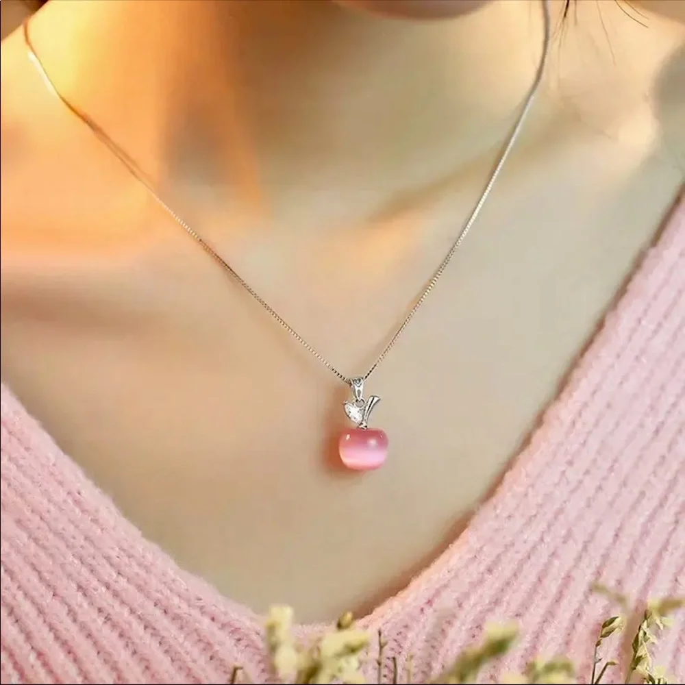 Pink Opal Apple Charm Pendant Necklace